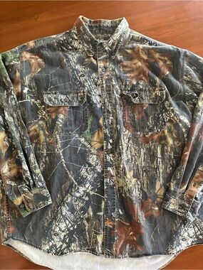 Y2K Russell Outdoors Mossy Oak Camo Button Up Shirt 2XL Faded Cotton